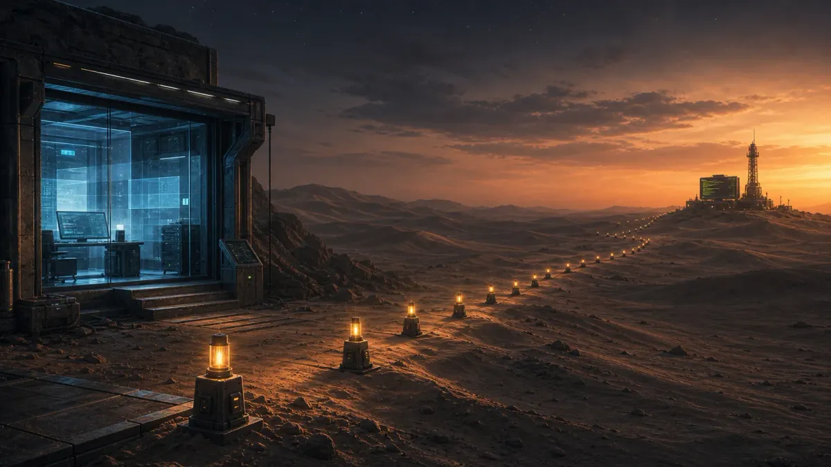 A desert path of technical waypoints leading from a glass workstation gate to a Linux terminal outpost.
