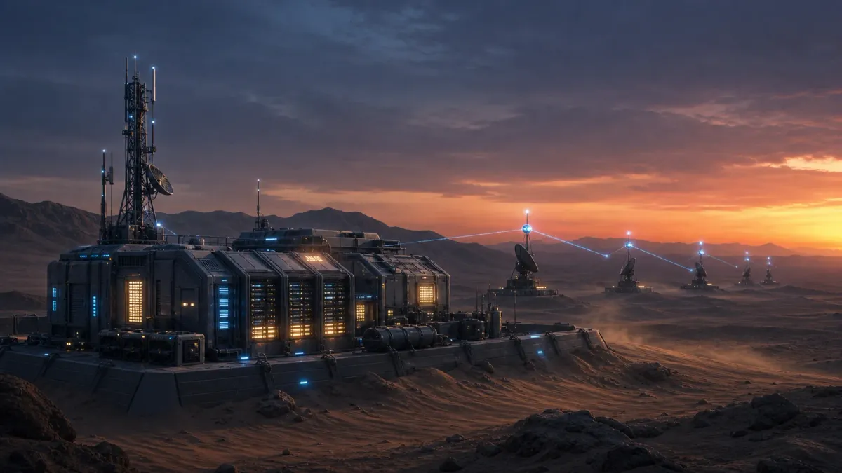 A desert edge datacenter and relay array glowing at twilight.