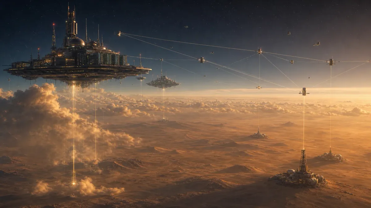 Orbital cloud infrastructure relays connecting to desert outposts below.