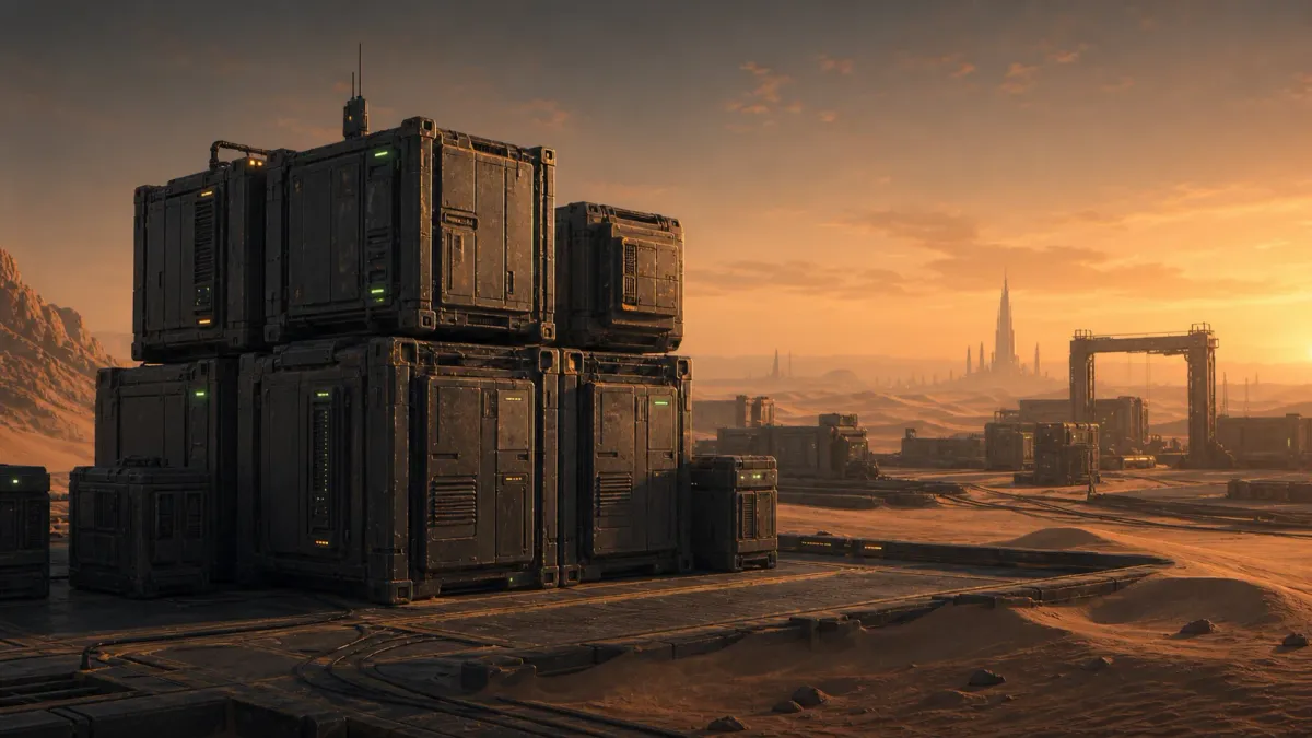 Rugged compute containers stacked in a desert logistics yard.