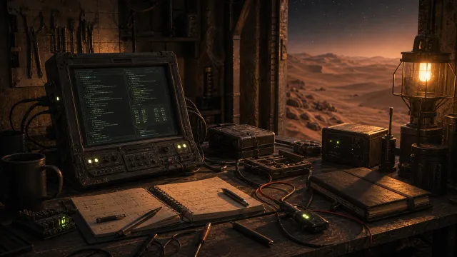 A compact desert debugging bench with a rugged terminal, notes, probes, and warm utility lights.