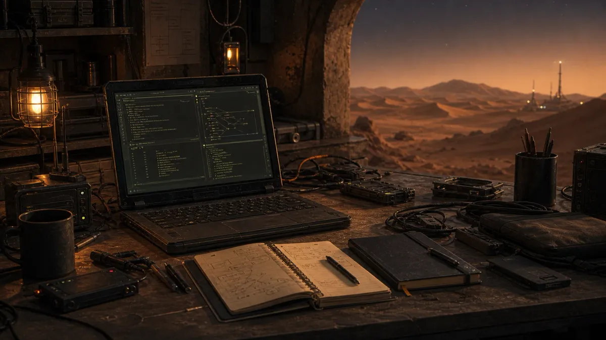 A lived-in desert developer workbench with terminals, notebooks, and tools.