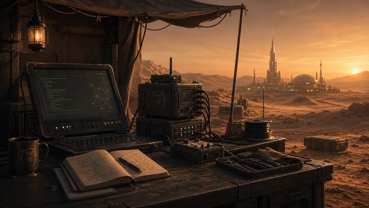 A rugged desert programming field station with compile instruments and subtle gopher-shaped equipment details.