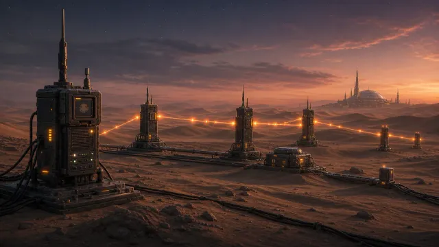 A desert relay test range for Go services with modular compute pylons and signal pulses.