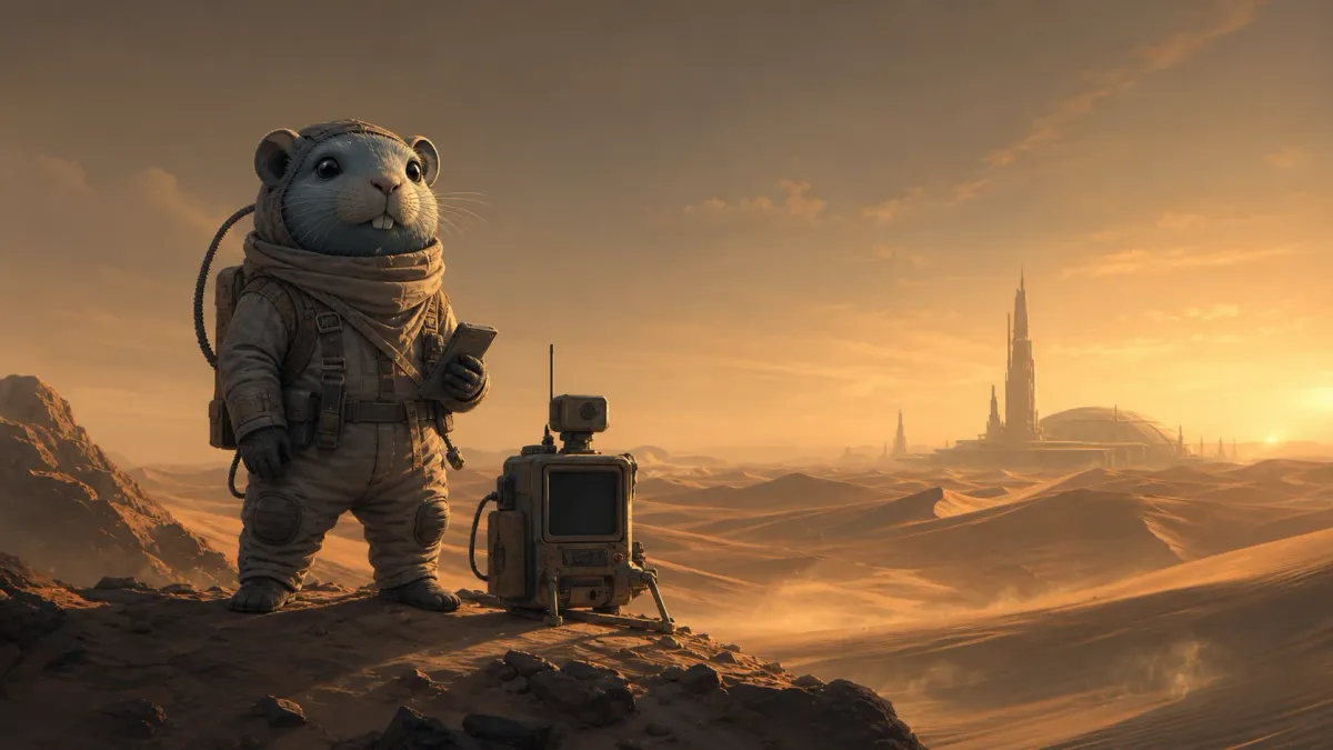 A gopher engineer in a desert stillsuit beside a rugged field terminal.