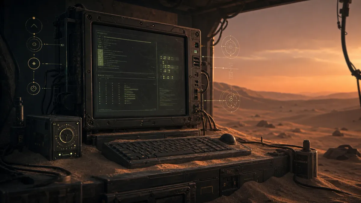 A rugged Linux workstation glowing inside a desert workshop.