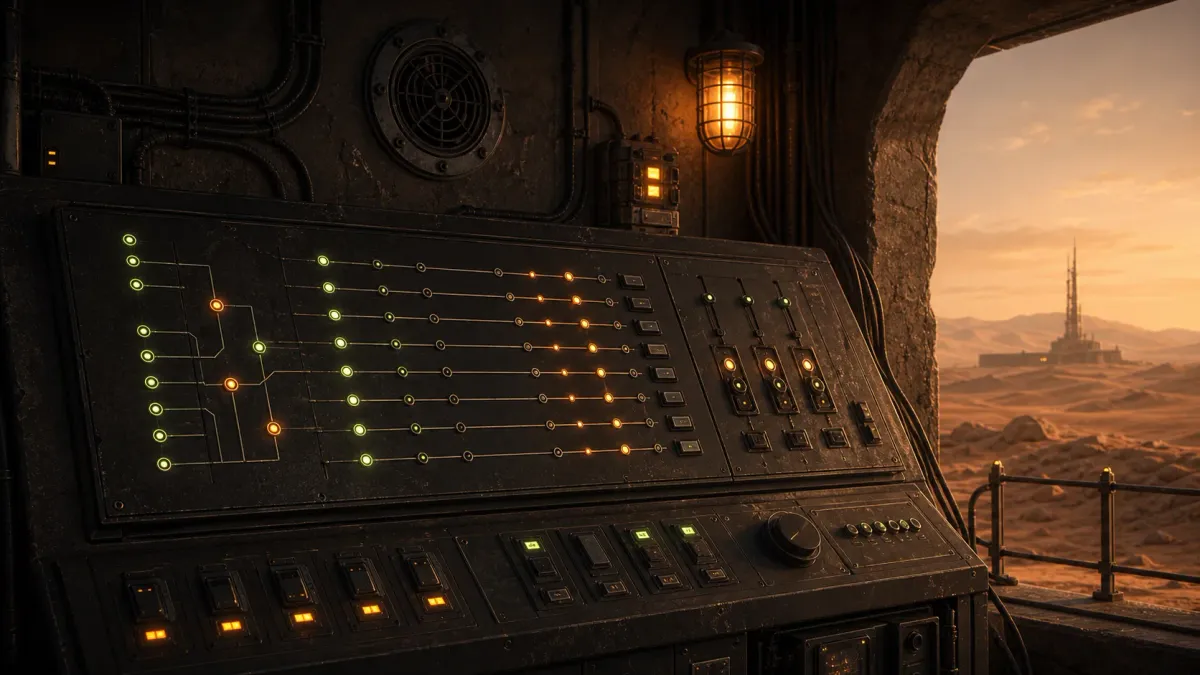 An industrial desert control panel with service dependency lights.