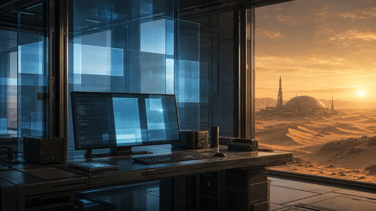 Cool glass workstation panes inside a desert technical room.