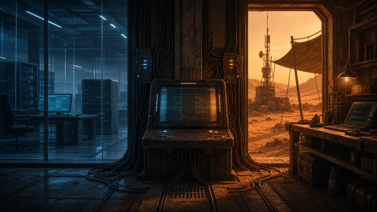 A desert gateway terminal bridging a cool glass workstation chamber into a warm Linux field environment.