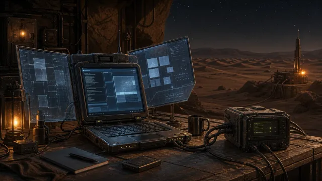 A portable cross-platform dev rig on a desert workbench with folded glass panels and a Linux terminal node.