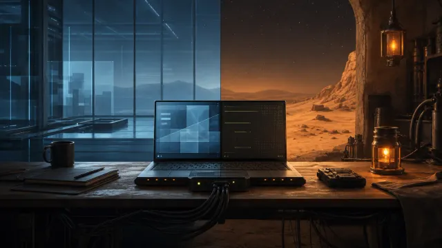 A split-world workstation bridging cool glass panes and a warm Linux terminal outpost.
